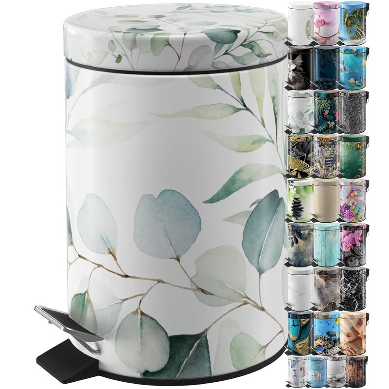 Sanilo Small Bathroom Trash Can with Lid [1.3 Gallon] - Lidded Tiny Trashcan for Garbage - Mini Metal Bin with Soft Closing Mechanism - Bath Room Accessoire Wastebin with Inner Bucket (Eucalyptus) - Image 1